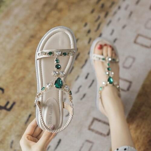 Rhinestone Wedge Open Toe Sandals Womens Summer 2021 New Versatile Fairy Style Student Dress Fashion Womens Flat-Heeled Shoes