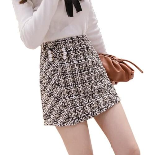 Vintage high waist a-line tweed mini skirt women 2020 autumn winter beading package hip skirts womens plaid slim mujer faldas