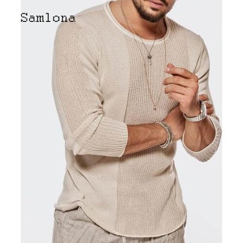 Samlona Knitting Sweater Mens Autumn New Leisure Casual Long Sleeve Pleated Top Pullovers Sweaters Khaki Gray Men Clothing 2020