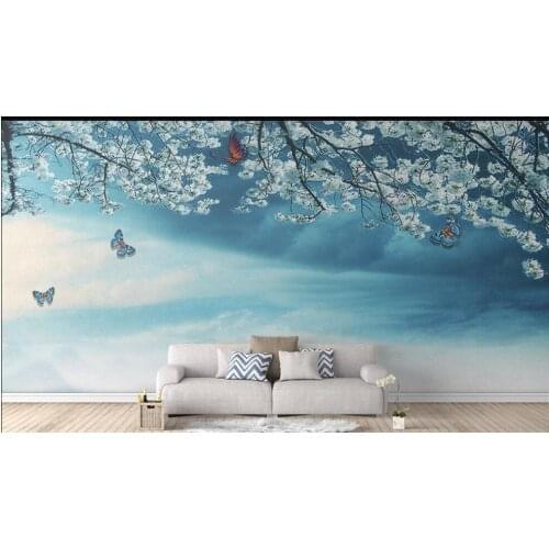 Custom mural 3d photo wallpaper Blue cherry blossom butterfly natural landscape living room Home decor wallpaper for wall 3 d