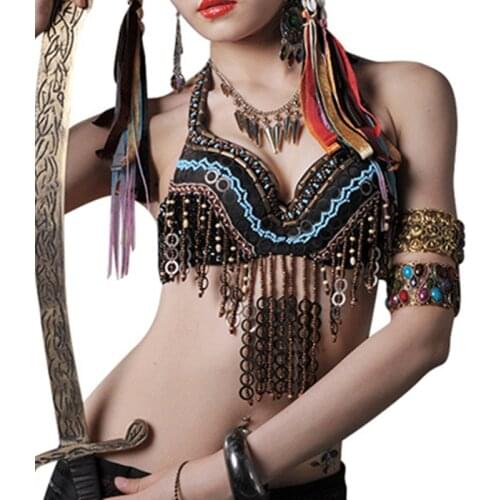 Tribal Fusion Women Dance Wear Coin Halter Top Adjustable Straps Beaded Tassel Push Up B cup Tribal Belly Dance Bra