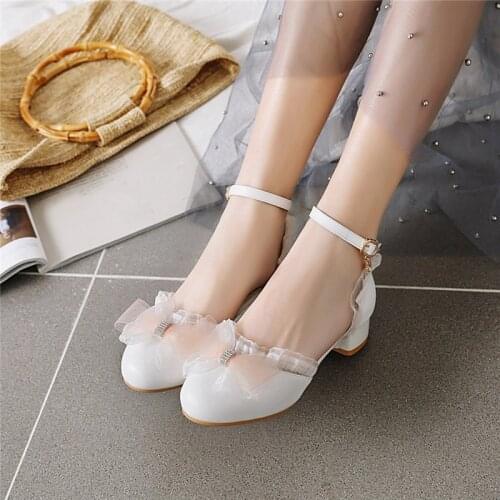 YQBTDL Summer 2020 Chunky Heels Women Lace Ruffles Bowtie Lolita Shoes Ankle Buckle Summer Princess Party Ladies Pumps Pink 43