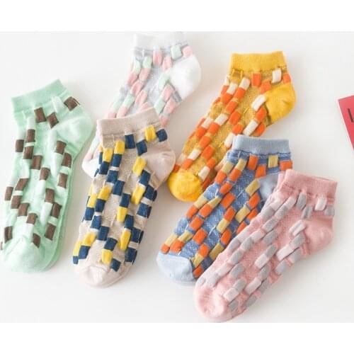 Woman Socks School Style Socks Spring and Summer Socks Color Plaid Boat Socks Womens Thin College Style Socks Casual Socks