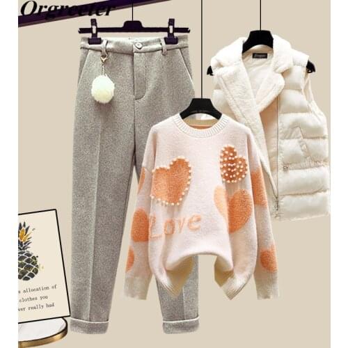 Winter New Warm Sweater 3 piece set Women Korean Fashion Sweet Heart-shaped beaded Sweater +Lamb wool vest +Pants Suits