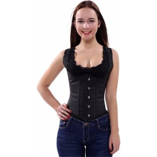 Womens Black Striped Bustier Corset Vest Top Underbust Corset Sexy Waist Cincher Body Shaper Plus Size S-6XL