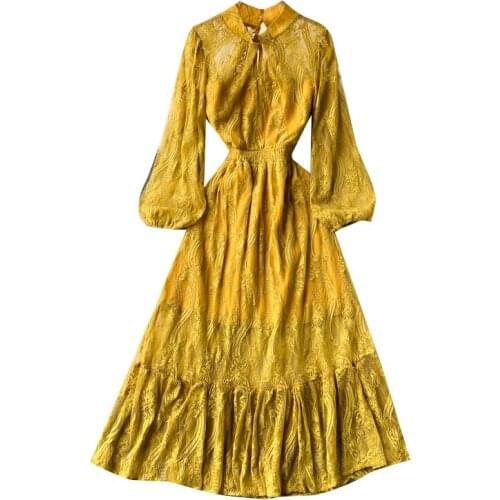 2021 Spring and Autumn Womens Round Neck Lantern Sleeve Long Dress High Quality Elegant Hollow Lace Slim Runway Dress