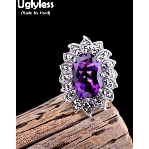 Uglyless Noble Purple Crystal Rings Women Creative Blooming Flower Open Rings Big Size Thai Silver Oval Gemstones Jewelry R875