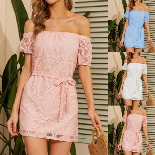 2021 Summer Women Party Dress Off Shoulder Lace Sexy Strapless Short Sleeve Belt Dress Party Dress Mini Dress Female Daily Wear