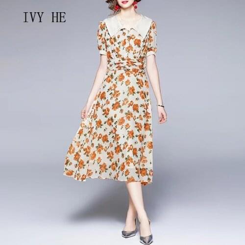 IVY HE High Quality Summer Dress Woman Clothing Vintage Kikka Print Holiday Chiffon Midi Long Dress Traf Robe ZA Party Dresses
