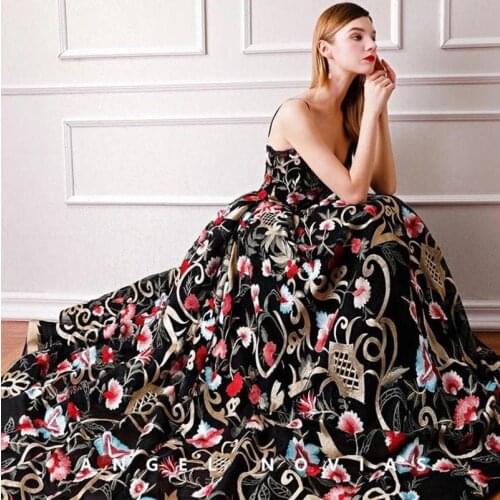 1 Yard Vintage Multi-color Floral flowers Embroidered on black tulle fabrics for Girls dress, Wedding gown