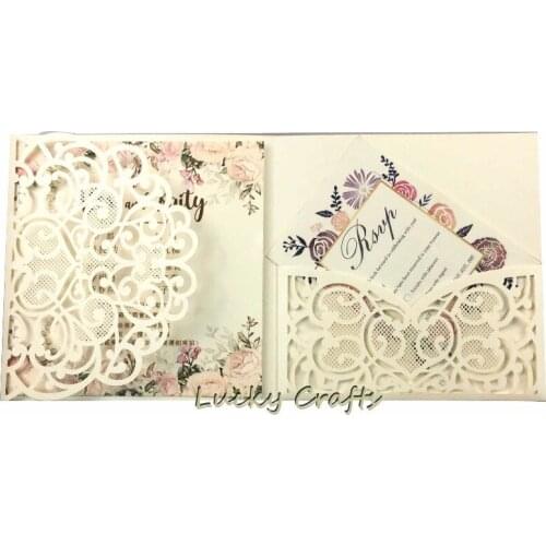 50pcs elegant square tri-fold pocketfold laser cut lace Wedding invitations trifold pocket invitation card gatefold anniversary
