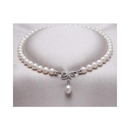 9-10mm south sea natural white pearl necklace 18" silver clasp 10*12mm pendant