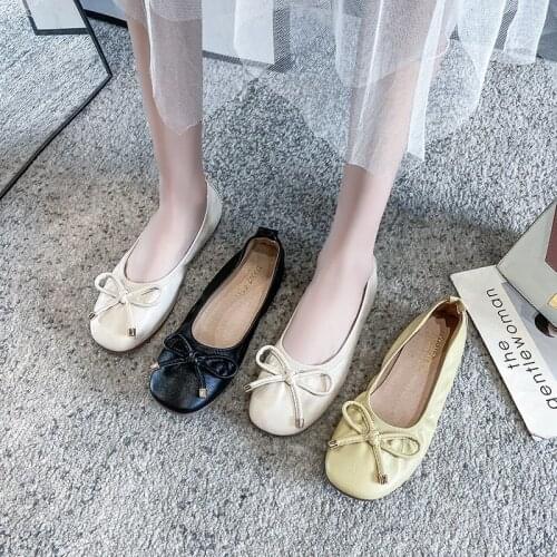 Bow shoes womens spring and autumn 2020 new soft-soled fairy wind night shoes one pedal flat leisure grandma shoes