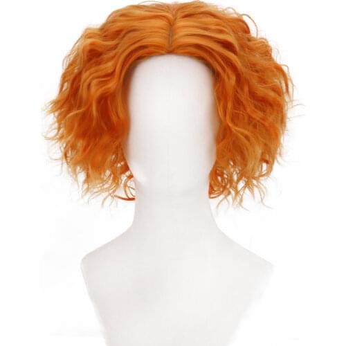 Free Beauty Short Orange Wavy Mad Hatter Cosplay Wig-Curly Synthetic Anime Movie Hair Wigs for Party Costume Halloween
