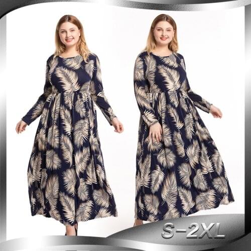 BianFeng Womens Fashion Muslim Abaya Dress Floral Printed Slim Fit Plus Size Navy Dress