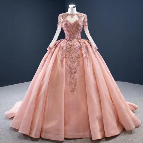 DD JYOY Luxury Beads Ball Gown Evening Dress Long Sleeve O Neck Pink Burgundy Blue 3 Colors Court Train Long Prom Party Gown