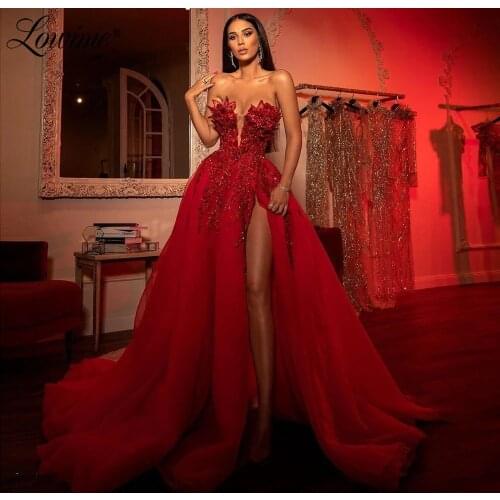 Arabic Long Prom Dresses Red Beaded A Line Evening Gowns 2021 High Split Side Sexy Celebrity Dress Custom Made Party Dress Robes