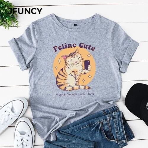 JFUNCY Funny Cute Selfie Cat Spring Summer Print T Shirt Women Shirts 100% Cotton Tshirt Fashion Graphic Tee Tops Female Clothes