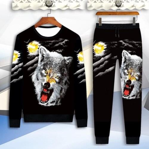 Long sleeve T-shirt + pants 2-piece wolf figure sweater casual sportswear spring and autumn 3D tiger print suit mens clothes