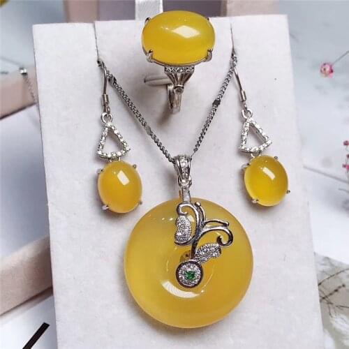 Jadery 925 Sterling Silver Necklace/Earrings/Ring Round Natural Yellow Topaz Jade Jewelry Sets For Women Jewelry 2019 Drop Ship
