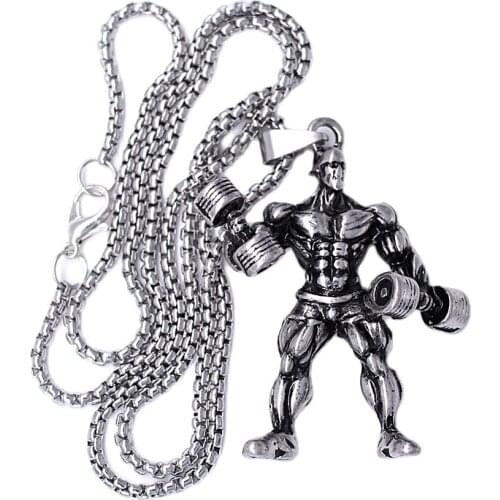 Quality Stainless Steel Chain Strong Inspirational Fitness Sport Weight Lifting Barbell Dumbbell Muscle Man Necklace