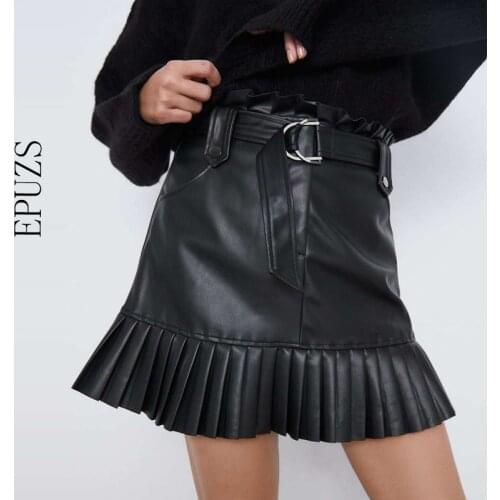 Summer elegant chic PU leather skirt women sexy ruffles mini skirt bow tie sashes pockets zipper pleated skirt 2020