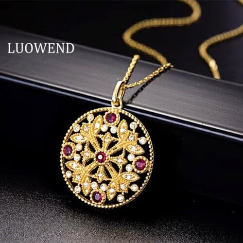LUOWEND 100% 18K Yellow Gold Necklace Women Engagement Natural Ruby Round Pendant Necklace Real Diamond Jewelry Gemstone Style