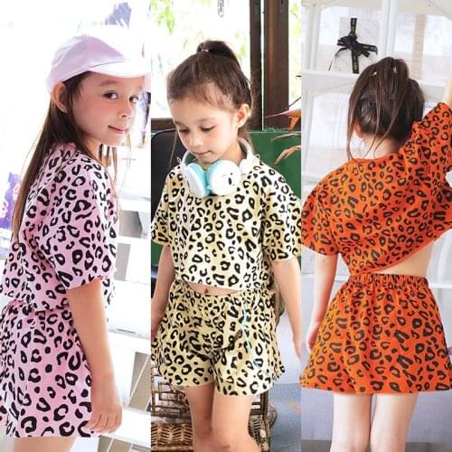 Fashion Leopard Kids Clothes Girl Sets Toddler Girl Summer Clothes Cotton Short Sleeve Tops+Shorts Children Clothing 1-6 Years