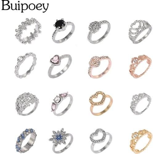 Buipoey Silver Color Fine Rings For Women Lovers Sweetheart Couple Crown Ring Men Daisies Hollow Heart Gift Women Men Wedding