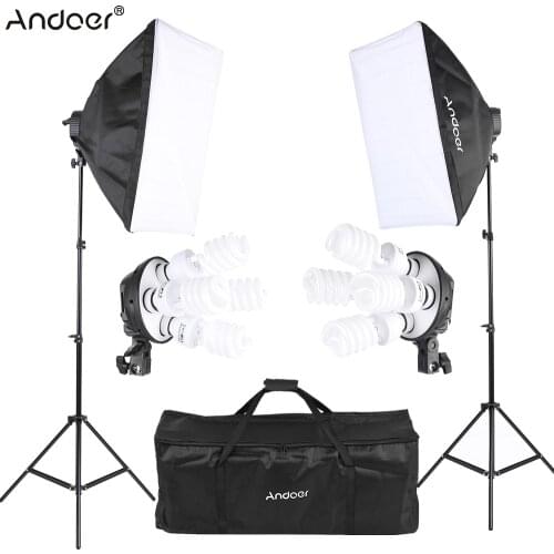 Andoer Studio Photo Lighting Kit with 2 * Softbox / 2 * 4in1 Bulb Socket / 8 * 45W Bulb / 2 * Light Stand / 1 * Carrying Bag