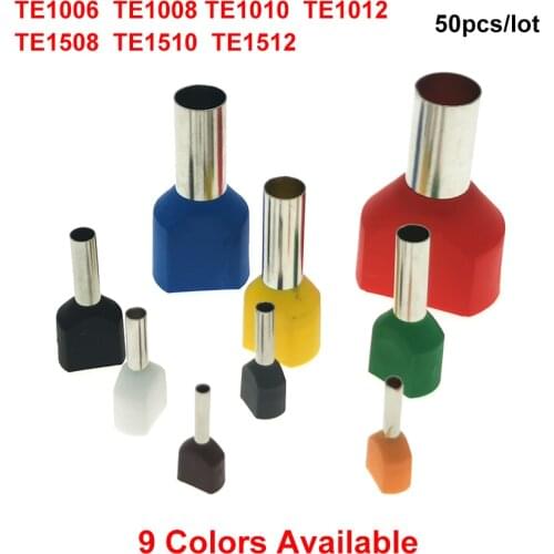 50pcs Dual Wire Tube Pre-insutated Cord End Crimp Terminals TE1006~1512 Electrical Cable Ferrules Copper 18-16AWG 1.0 1.5mm²