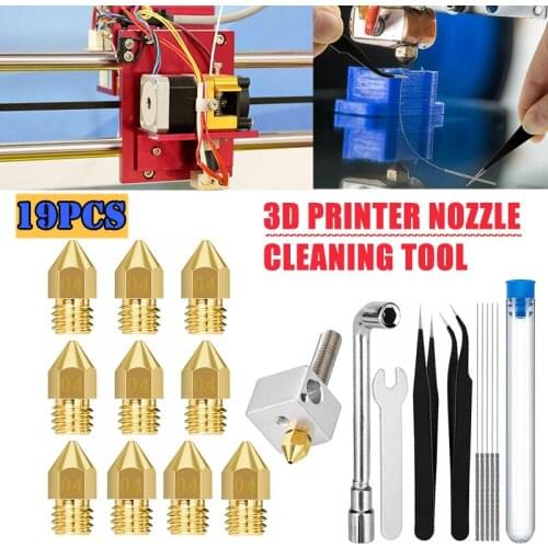 Newest 19pcs 0.4mm Mk8 3D Printer Extruder Nozzles Cleaning Needles Tools Kit Extruder Nozzle Cleaner Tool Set for Ender Cr10