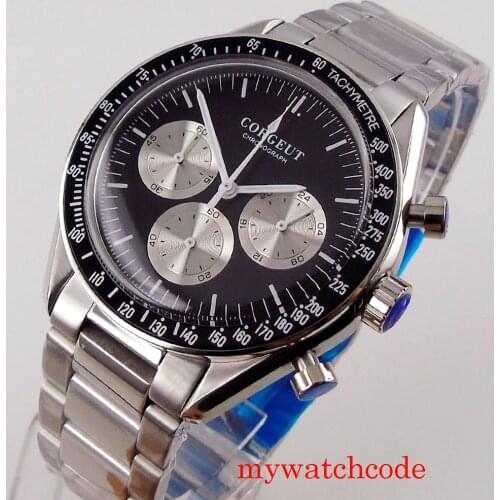 New Arrive Top Brand Luxury 40mm Corgeut Black Dial 24 Hours Stainless Steel Bracelet Quartz Full Chronograph Mens Watch C176