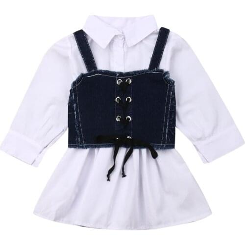 1-6T 2PCS Toddler Baby Girl Clothes Long Sleeve Sling Shirt Denim Skirt Dress Clothes Set