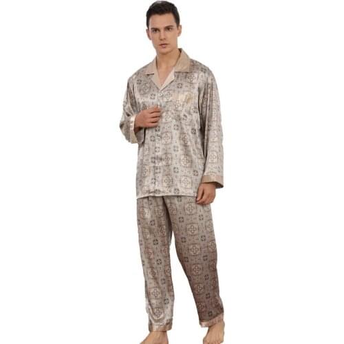 Pajamas for Men Sleep Wear Men Nightwear Imitation Silk Pajama Set Men Long Sleeved Sleepwear Sleep Tops + Pants Two-piece