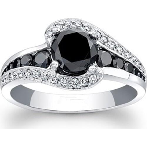 Luxury Female Black Crystal Stone Ring Classic Silver Color Thin Wedding Rings For Women Trendy Round Zircon Engagement Ring