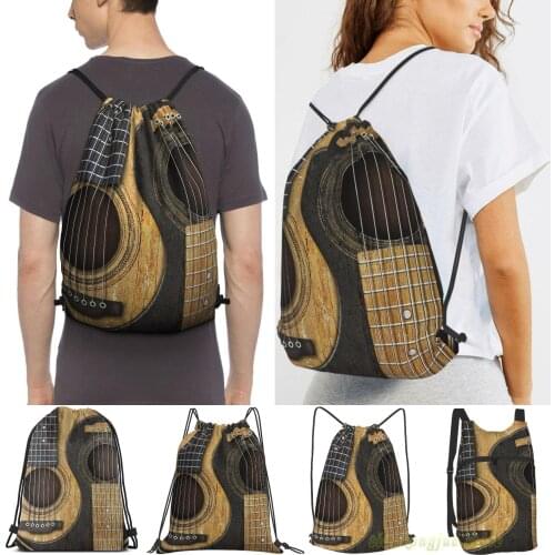 Old And Worn Acoustic Guitars Yin Yang Men Outdoor Travel Gym Bag Waterproof Drawstring Backpack Women Fitness Sackpack Bag