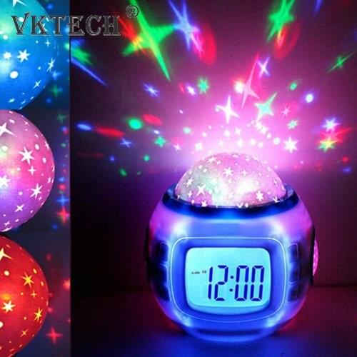 Unique Alarm Clock Children Baby Room Music Starry Sky Projection Night Light Projector Color Change Bedside Lamp Clock