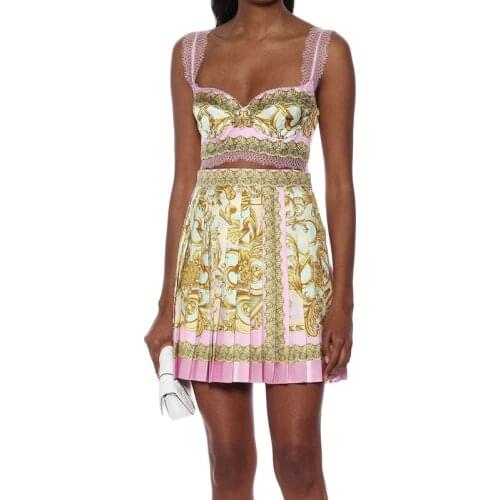 Vintage 5.40 2021 New Letter Embroidery Print T-shirt High wiast Contrast color Pleated Skirt Sets Lace Tank Tops + Pants