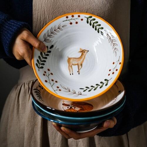 Japanese Retro Animal Ceramic Dinner Soup Bowl Hand-painted Forest Fox, cat, fawn Ramen Bowl Porcelain Tableware Free Shipping