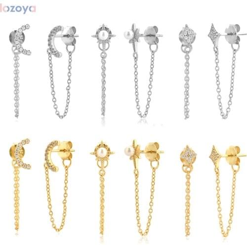 Lozoya 925 Sterling Silver Snowflower Women Fashion Crystal Moon Pearl Long Chain 53cm Stud Earring Clips Zircon Jewelry Gift