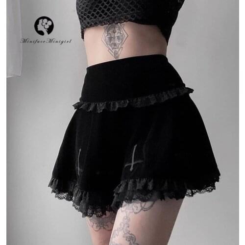 Womens Dark Mall Goth Style Lace Stitching Velvet Cross Print Mini Skirts Summer Y2K Gothic Punk Emo Pleated A-line Night Wear