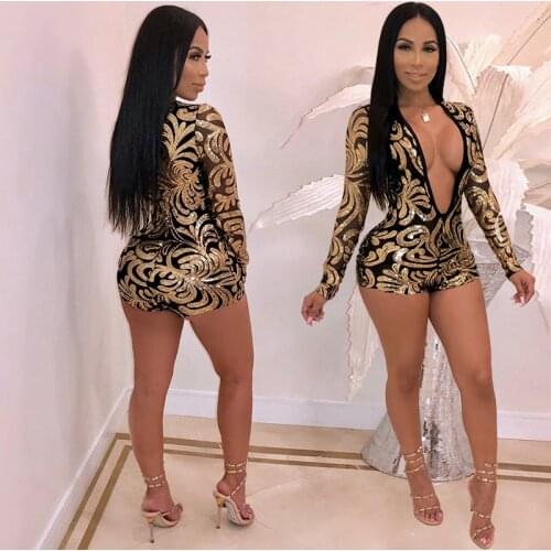 Women Sequin Printed Romper Bodysuit Fashion Long Sleeve Sexy Bodycon Jumpsuit Clubwear Pants