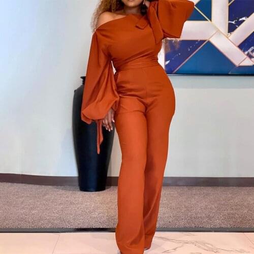 Off Shoulder Solid High Wasit Jumpsuit Women 2021 Autumn Lace Up Loose Straight Pants Female Casual Office Lady Jumpsuits