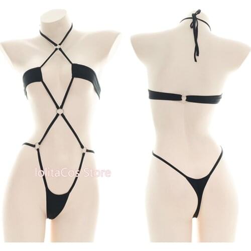 Womens Sexy Ring Buckles One-Piece Bikini Set Cosplay Cool Girl Punk Retro Private Lace-Up Suspenders Jumpsuits Pajamas Suit