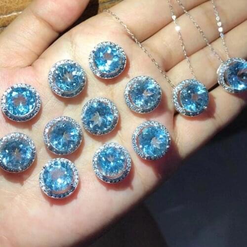 925 Sterling Silver Vintage 10mm Natural Blue Topaz Halo Pendants Necklace For Women Gift