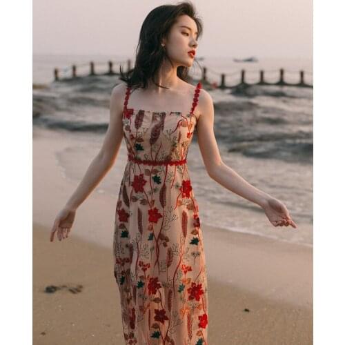 Vintage Embroidered Mesh Suspender Skirt Women Summer 2021 French Retro Girl Chic Sleeveless Slash Neck Elegant Fashion Dress