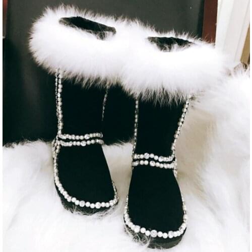 Fox fur snow boots high tube leather female rhinestone fur boots plus velvet thick high boots large size