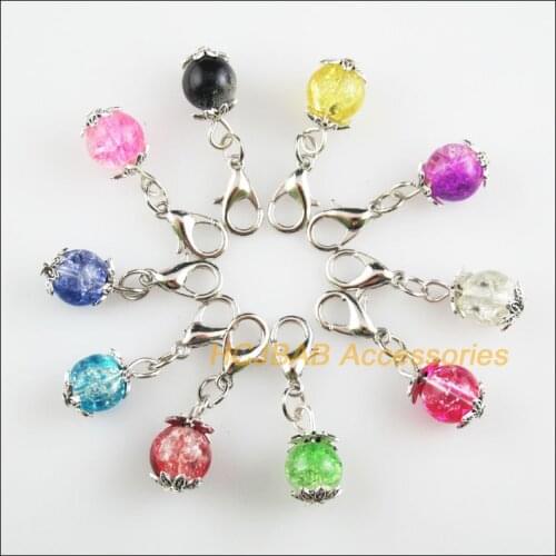 10New Flower Caps 8x15mm Charms Mixed Shivering Glass Tibetan Silver Plated Retro With Lobster Claw Clasps