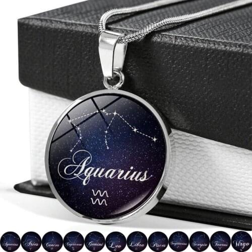 12 Constellation Pendant Necklace Women Fashion Jewelry Zodiac Signs Glass Cabochon Crystal Necklace Gift for Lovers